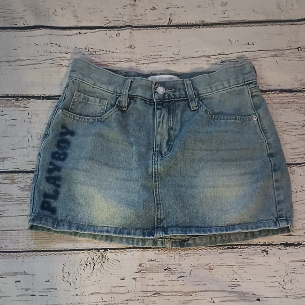Playboy Y2K Blue Light Wash Bunny Logo Denim Mini Skirt 5